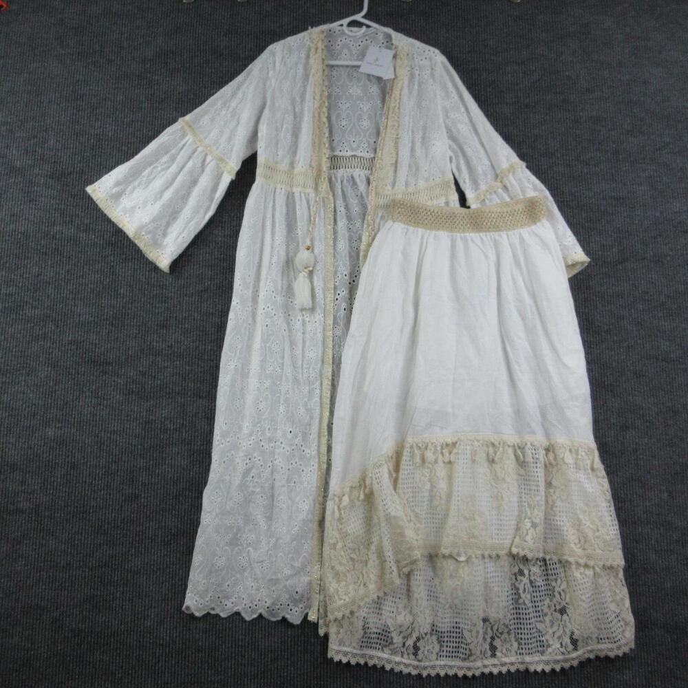 ADDCONFDT Jacket Skirt Set Womens L White Lace Kimono Sheer Open Bohemian NWT